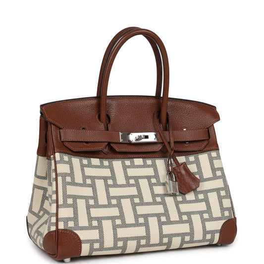 Hermes Birkin 30 Marron D'Inde Buffalo and Mosaique Canvas Palladium Hardware