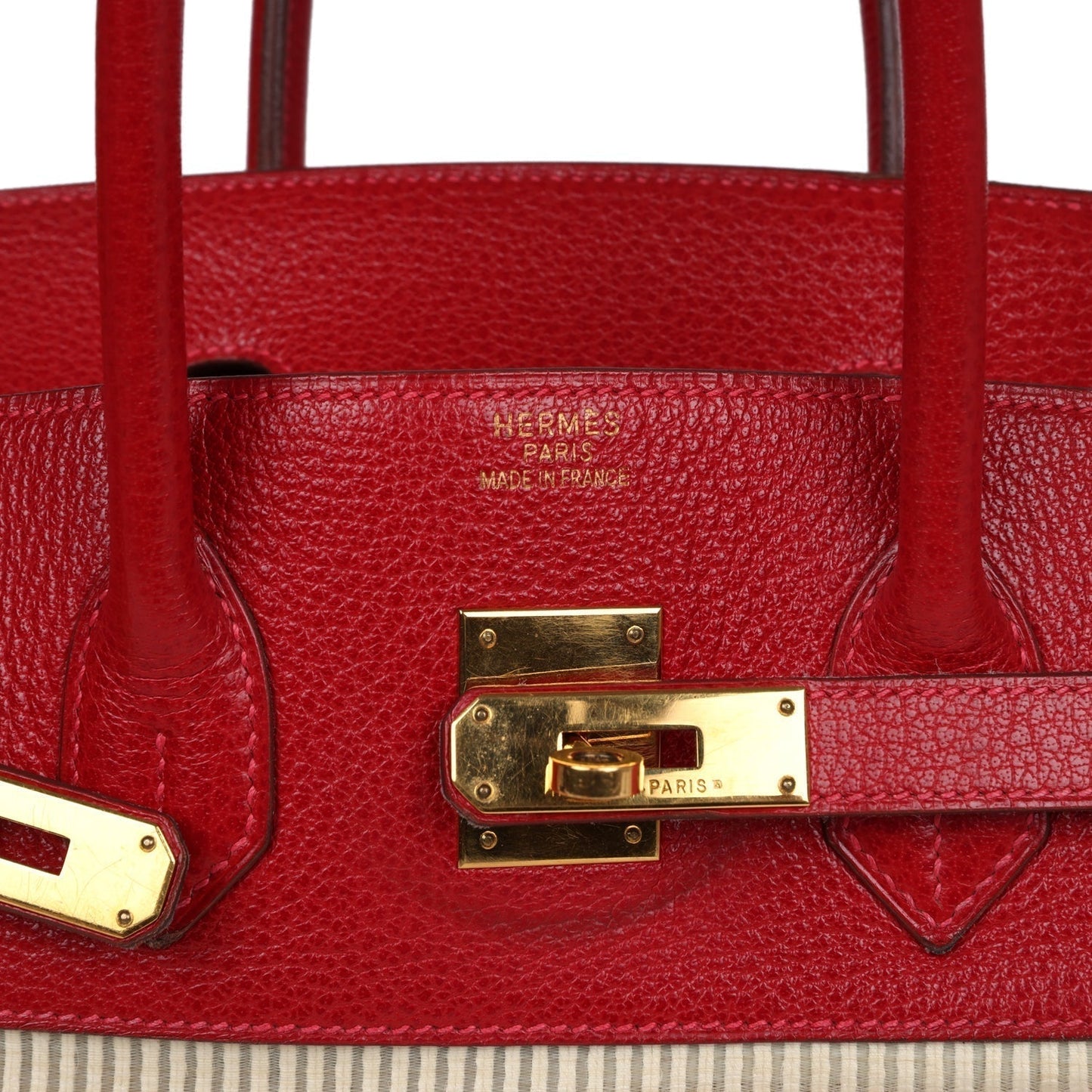 Vintage Hermes Birkin 35 Rouge Vif Buffalo and Crinoline Gold Hardware