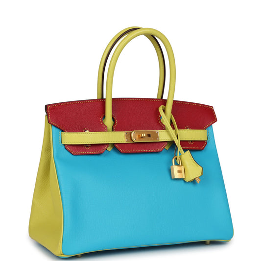 Hermes Special Order (HSS) Tri-color Birkin 30 Bleu Aztec, Soufre and Rouge Vif Chevre Brushed Gold Hardware