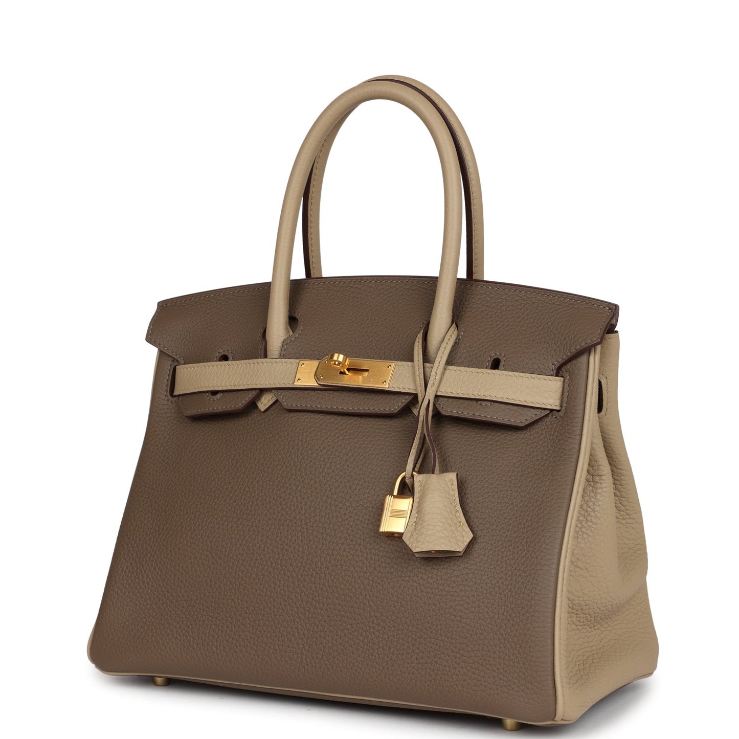 Hermes Special Order (HSS) Birkin 30 Bi-Color Gris Tourterelle and Etoupe Clemence Brushed Gold Hardware