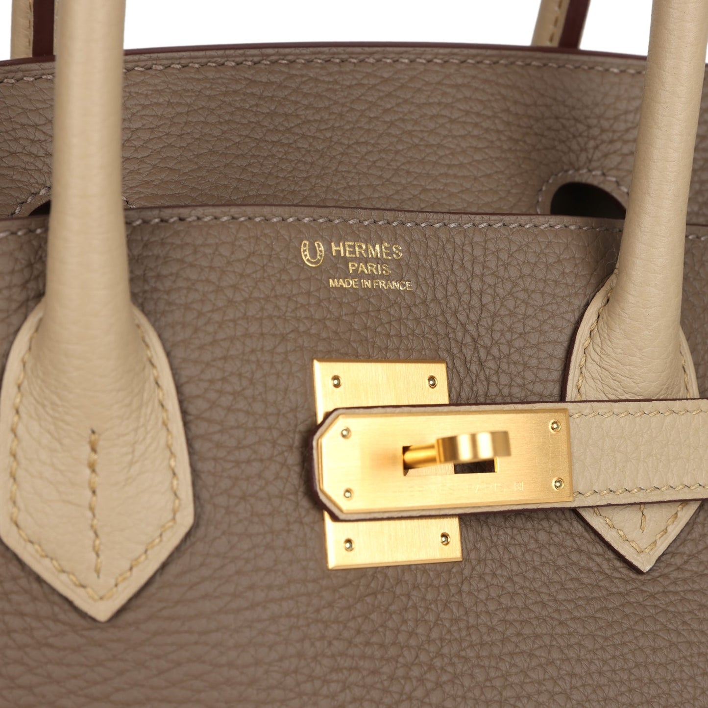 Hermes Special Order (HSS) Birkin 30 Bi-Color Gris Tourterelle and Etoupe Clemence Brushed Gold Hardware