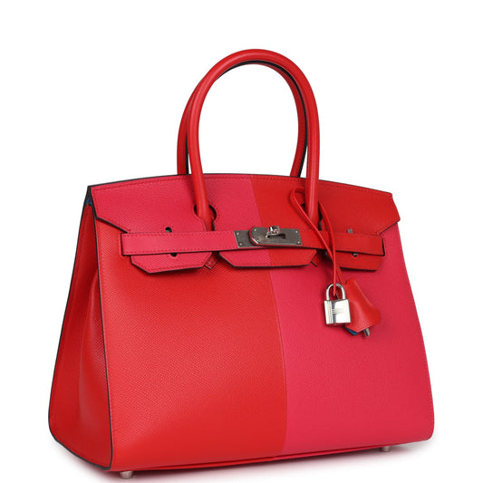 Hermes Casaque Birkin 30 Rouge De Coeur, Rose Extreme and Bleu Zanzibar Epsom Palladium Hardware