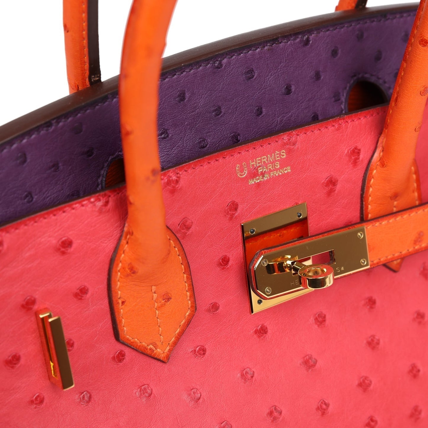 Hermes Special Order (HSS) Birkin 30 Tangerine, Violet and Bougainvillea Ostrich Gold Hardware