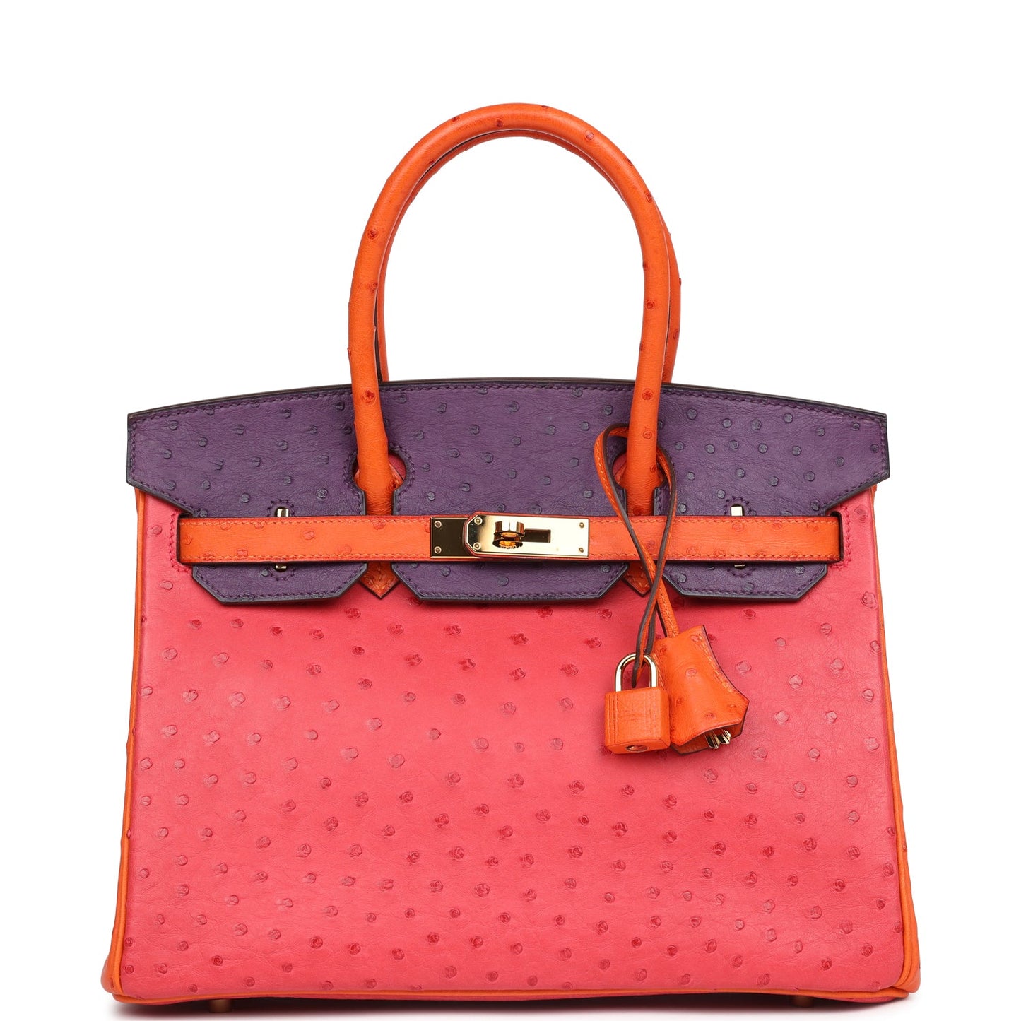 Hermes Special Order (HSS) Birkin 30 Tangerine, Violet and Bougainvillea Ostrich Gold Hardware