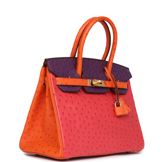 Hermes Special Order (HSS) Birkin 30 Tangerine, Violet and Bougainvillea Ostrich Gold Hardware