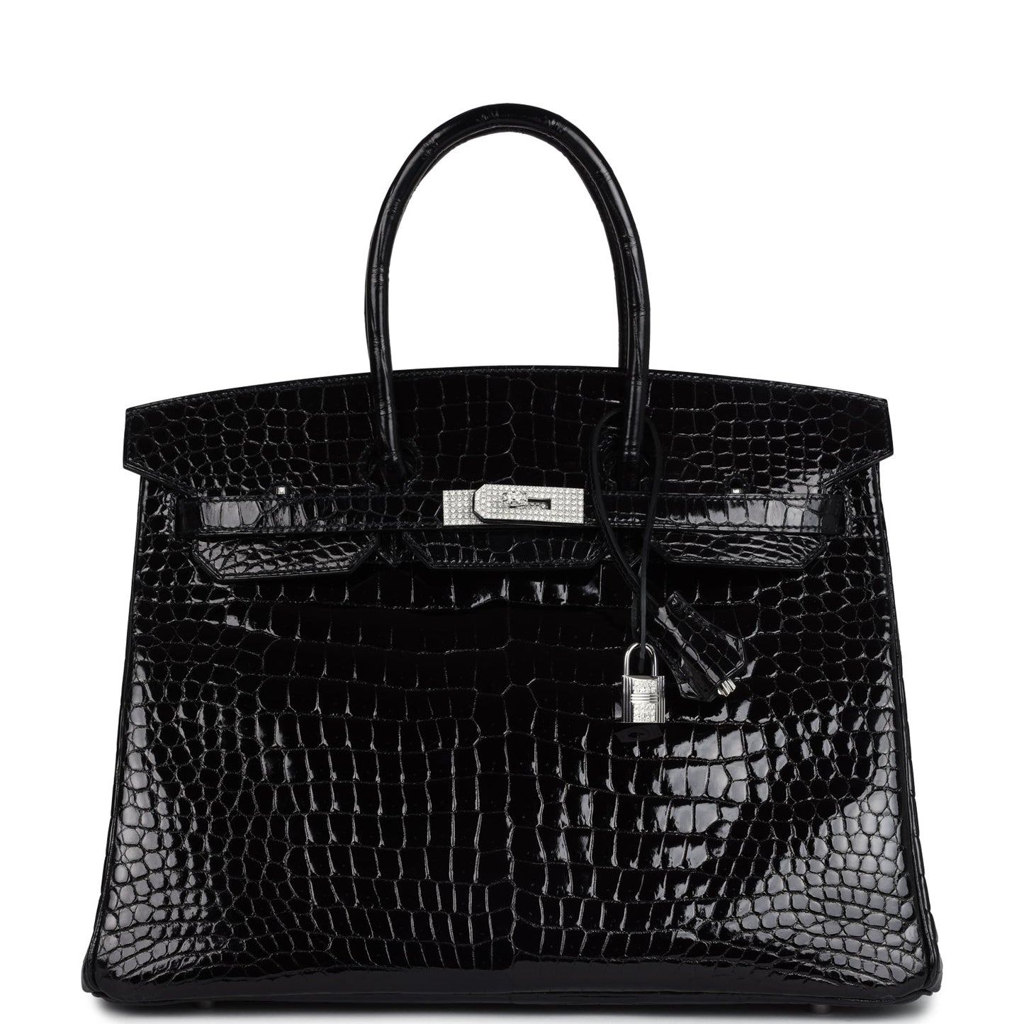 Hermes Birkin 35 Black Shiny Porosus Crocodile 18K White Gold Diamond Hardware