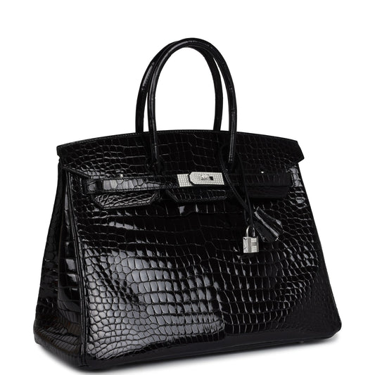 Hermes Birkin 35 Black Shiny Porosus Crocodile 18K White Gold Diamond Hardware