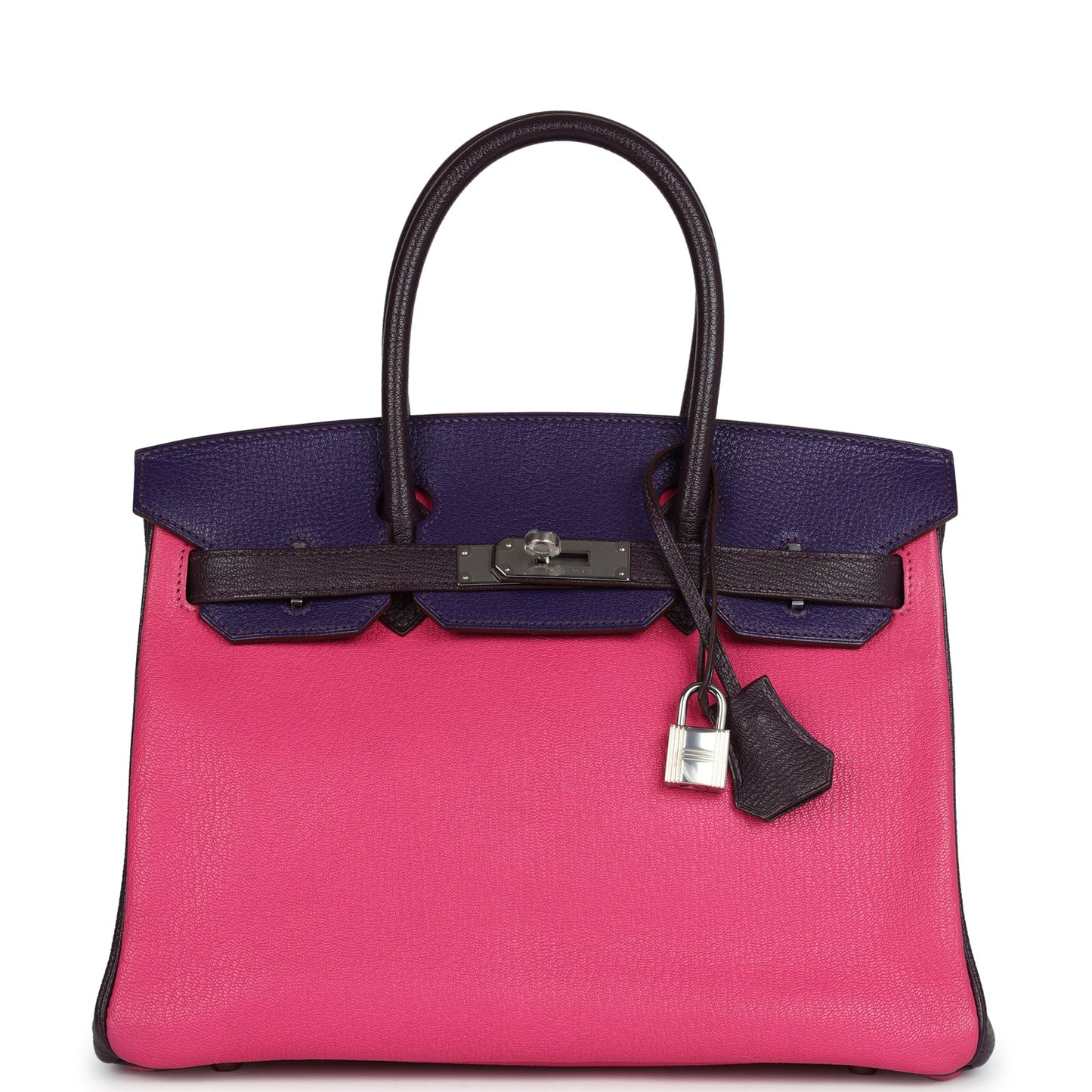 Hermes Special Order (HSS) Birkin 30 Tri-color Raisin, Ultraviolet and Rose Shocking Chevre Palladium Hardware