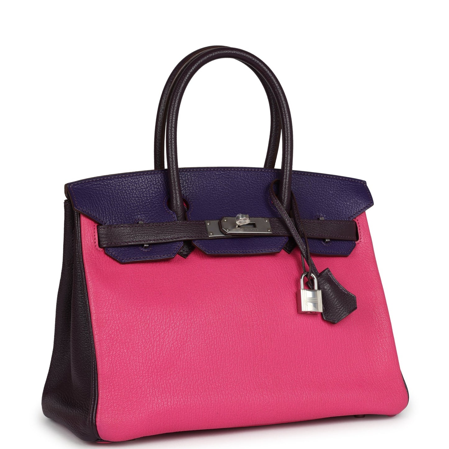 Hermes Special Order (HSS) Birkin 30 Tri-color Raisin, Ultraviolet and Rose Shocking Chevre Palladium Hardware