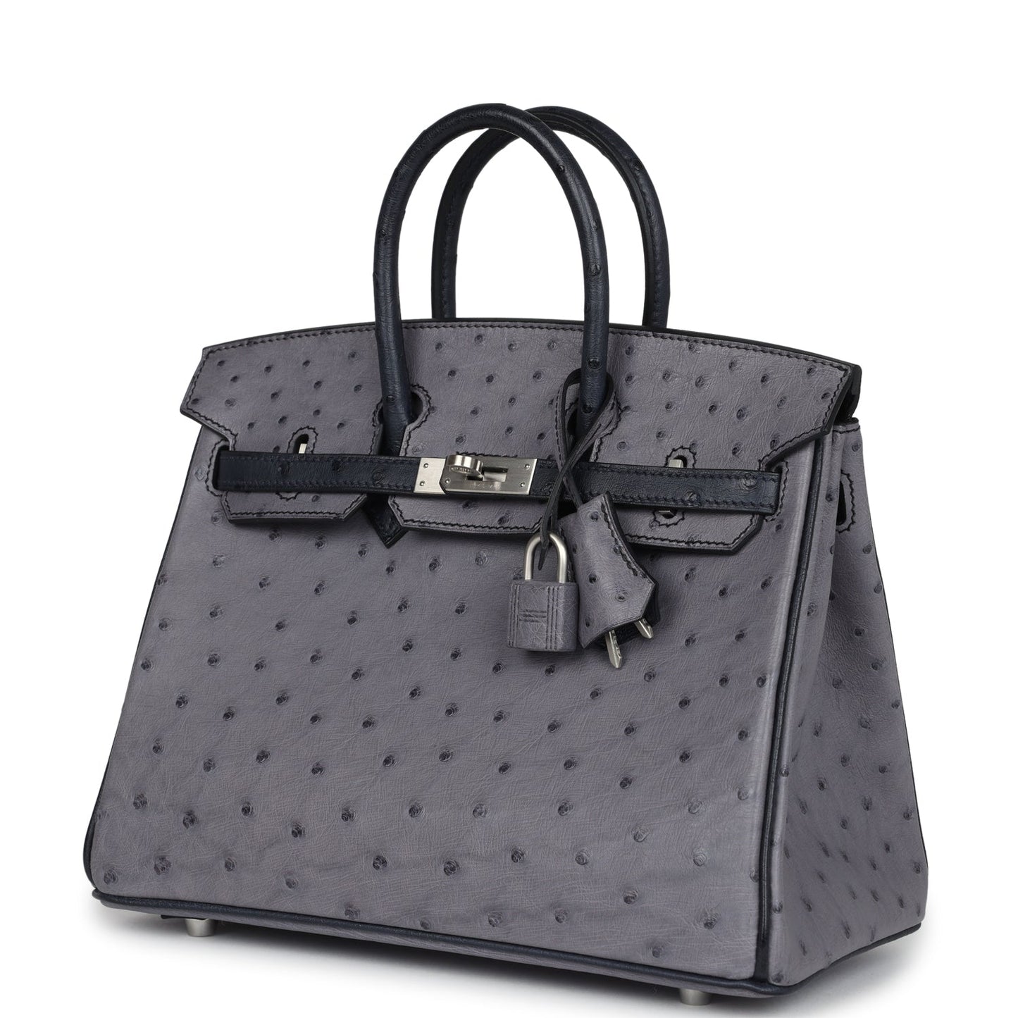 Hermes Special Order (HSS) Birkin 25 Gris Agate and Bleu Indigo Ostrich Brushed Palladium Hardware