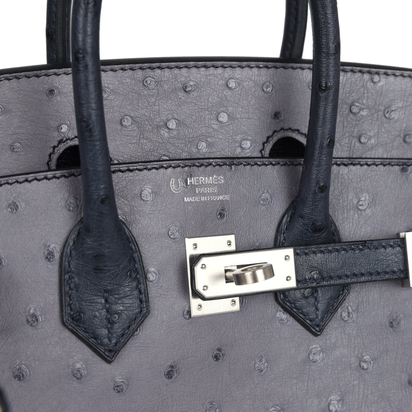 Hermes Special Order (HSS) Birkin 25 Gris Agate and Bleu Indigo Ostrich Brushed Palladium Hardware