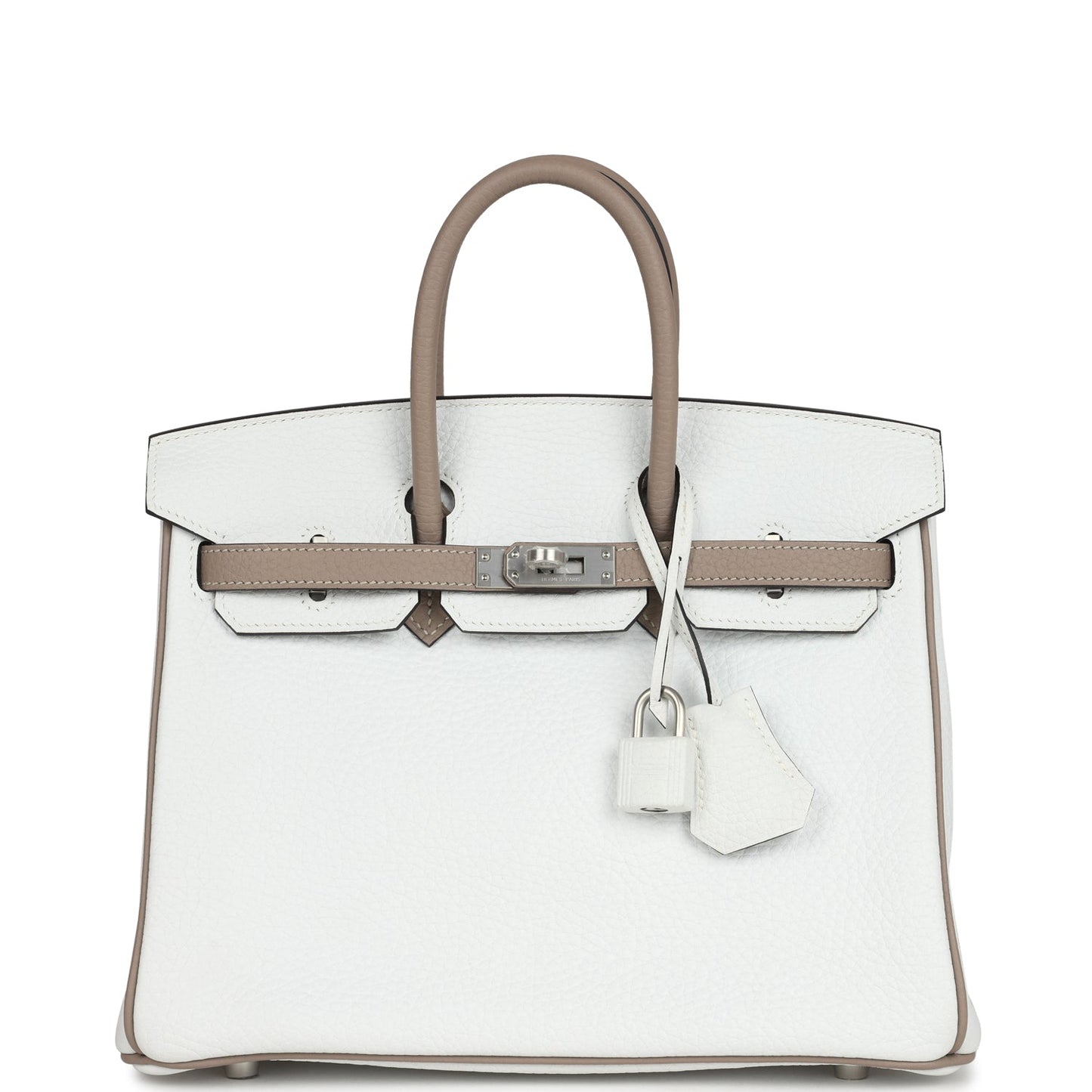 Hermes Special Order (HSS) Birkin 25 White and Etoupe Clemence Brushed Palladium Hardware