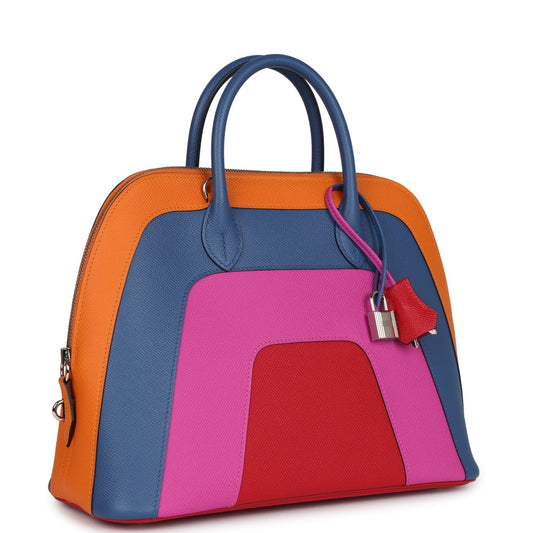 Hermes 'Sunset' Rainbow Bolide 31 Abricot, Bleu Agate, Magnolia and Rouge Casaque Epsom Palladium Hardware