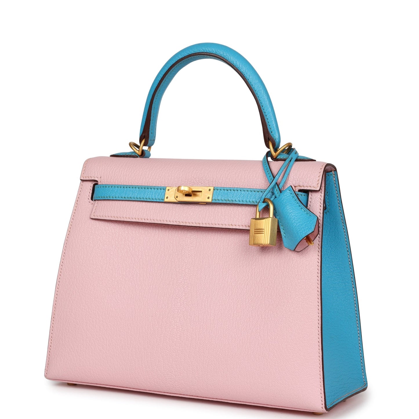 Hermes Kelly Sellier 25 Rose Sakura HSS with Bleu Aztec Chevre and Brushed Gold Hardware