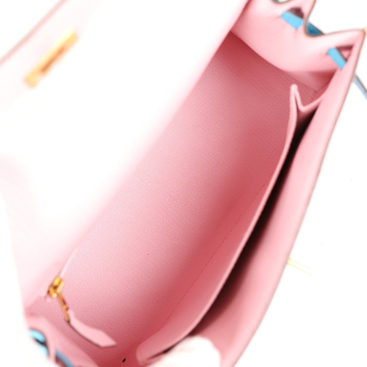 Hermes Kelly Sellier 25 Rose Sakura HSS with Bleu Aztec Chevre and Brushed Gold Hardware