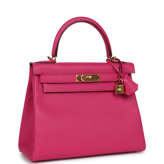 Hermes Kelly Retourne 28 Rose Shocking Chevre Gold Hardware