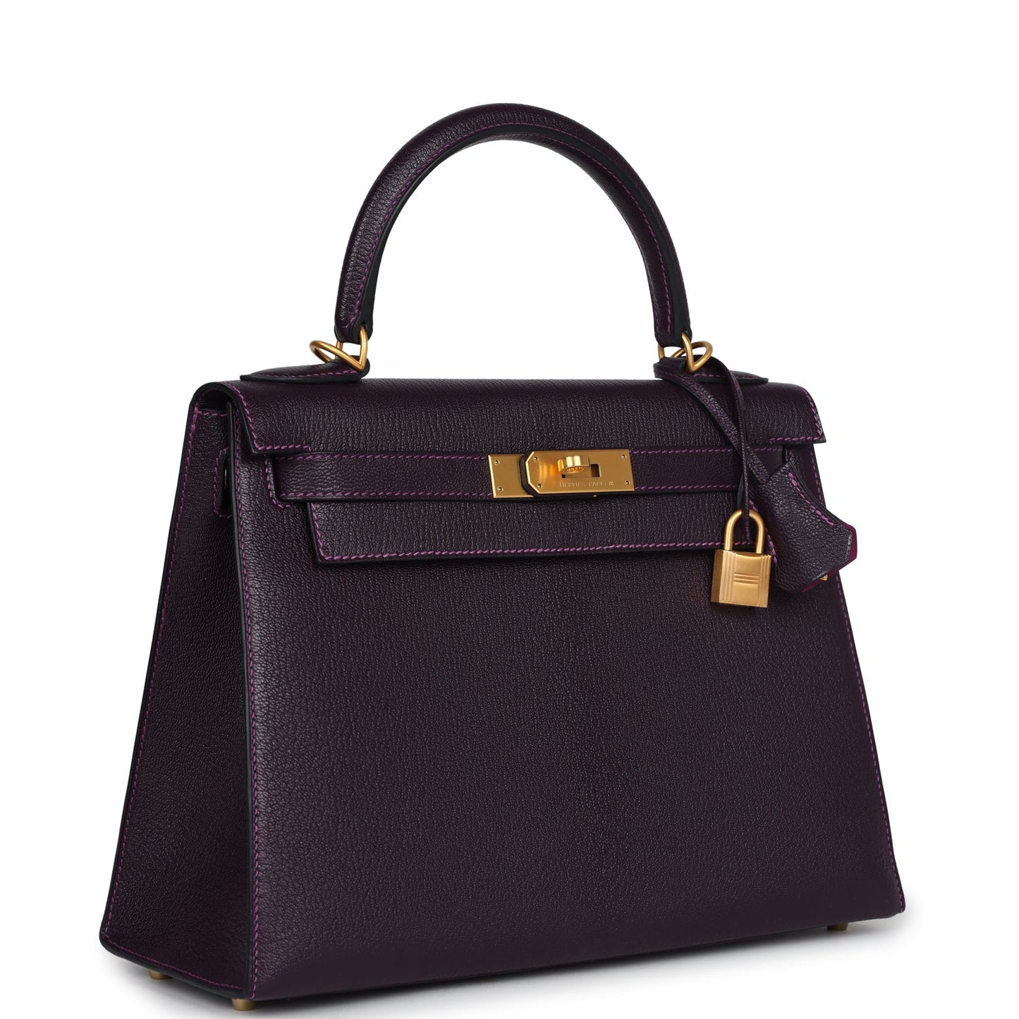 Hermes Special Order (HSS) Kelly Sellier 28 Raisin Verso Chevre Brushed Gold Hardware