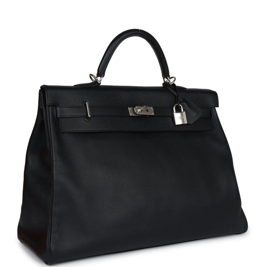 Hermes Kelly Voyage 50 Black Evercolor Palladium Hardware