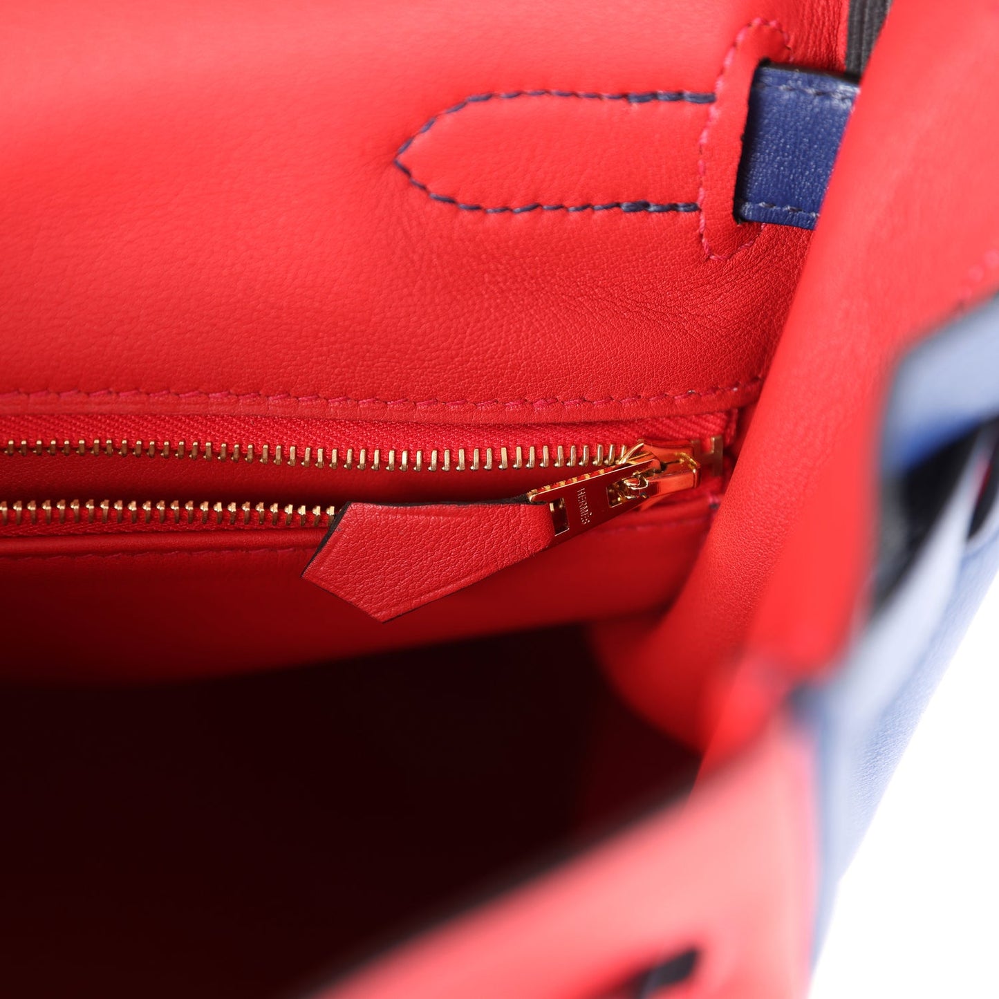 Hermes Special Order (HSS) Kelly Retourne 35 Vermillon and Bleu Saphir Swift Permabrass Hardware