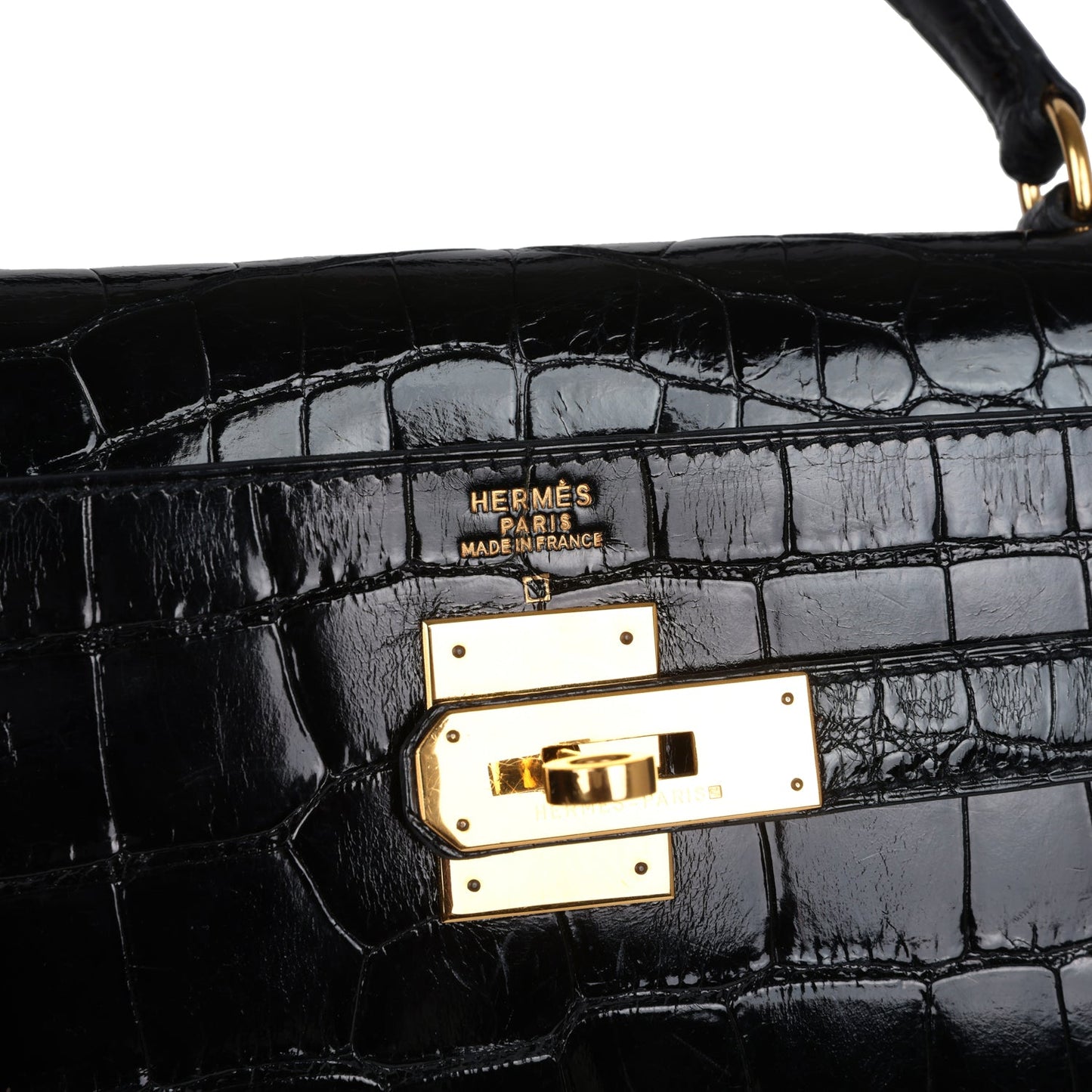 Vintage Hermes Kelly Sellier 32 Black Shiny Alligator Gold Hardware