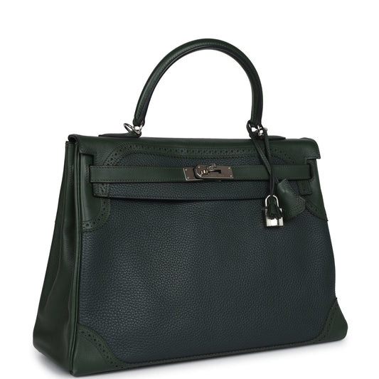 Hermes Ghillies Kelly 35 Retourne Vert Fonce Clemence and Vert Anglais Evercolor Palladium Hardware