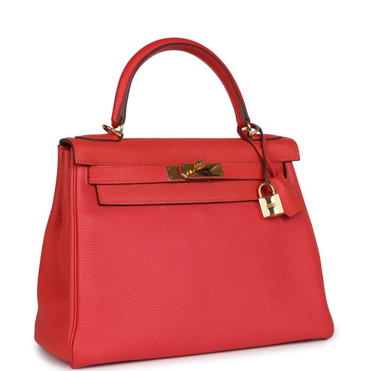 Hermes Kelly Retourne 28 Rouge Pivoine Togo Gold Hardware
