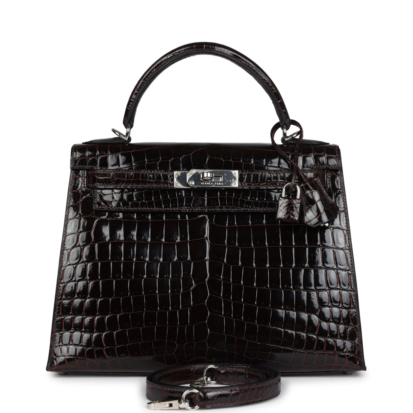 Hermes Kelly Sellier 28 Cocoan Shiny Niloticus Crocodile Palladium Hardware
