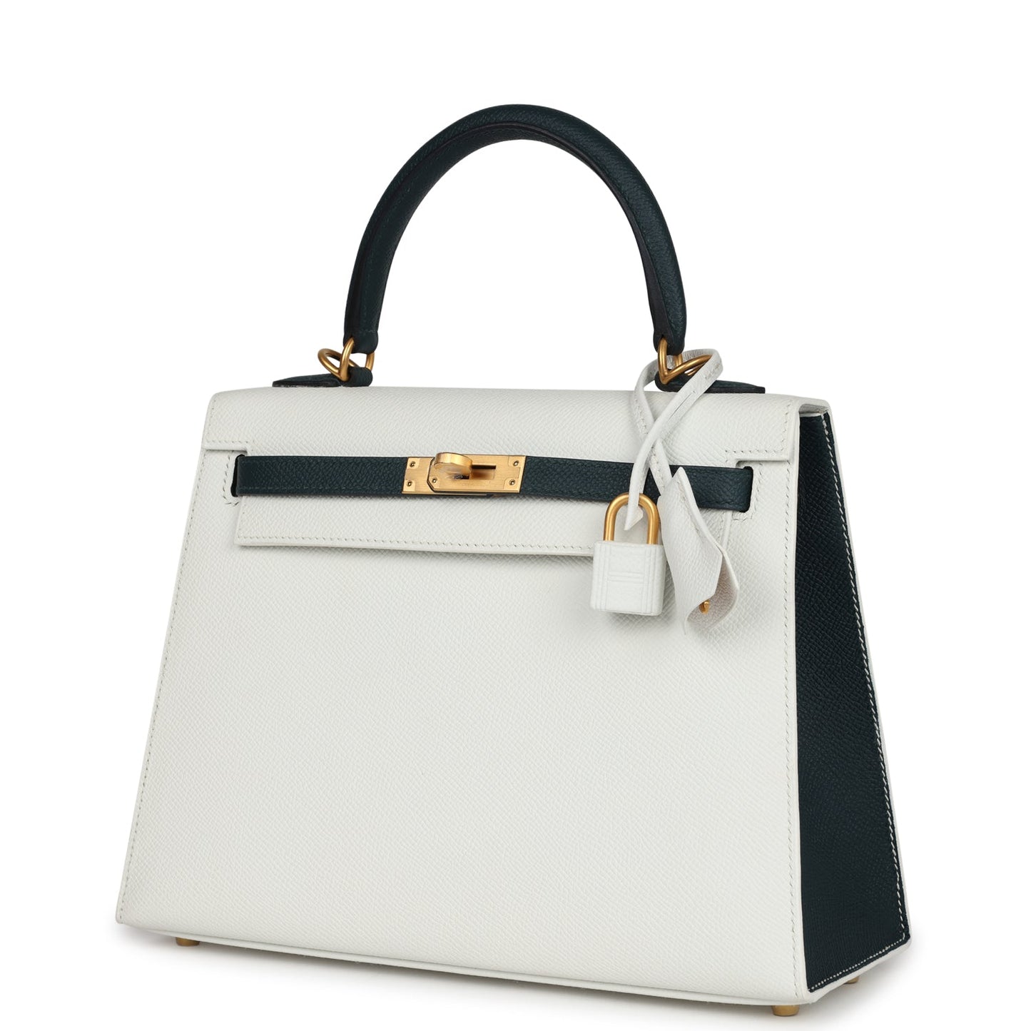 Hermes Special Order (HSS) Kelly Sellier 25 White and Vert Cypress Epsom Brushed Gold Hardware
