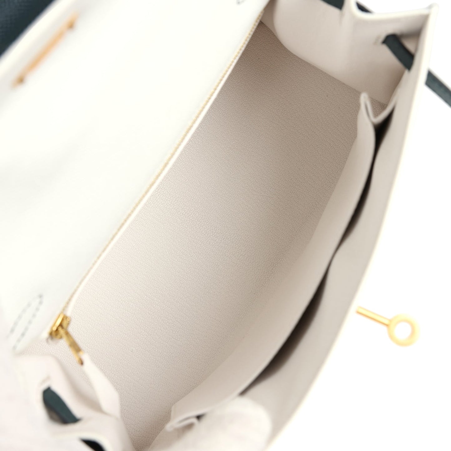 Hermes Special Order (HSS) Kelly Sellier 25 White and Vert Cypress Epsom Brushed Gold Hardware