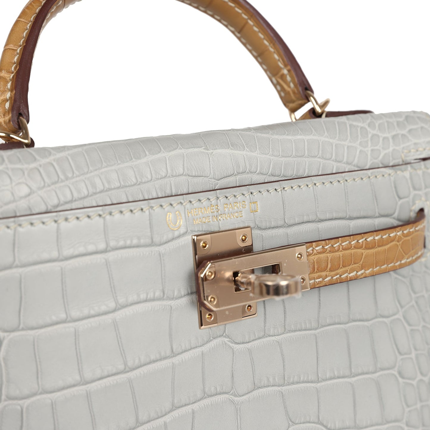 Hermes Special Order (HSS) Kelly Sellier 20 Gris Perle and Kraft Matte Alligator Permabrass Hardware