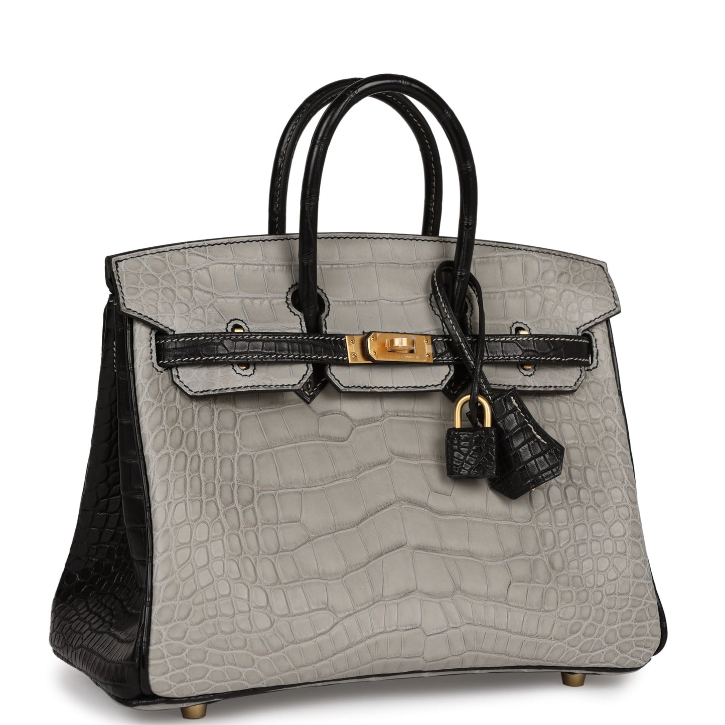 Hermes Special Order (HSS) Birkin 25 Gris Perle and Black Matte Alligator Mississippienis Brushed Gold Hardware