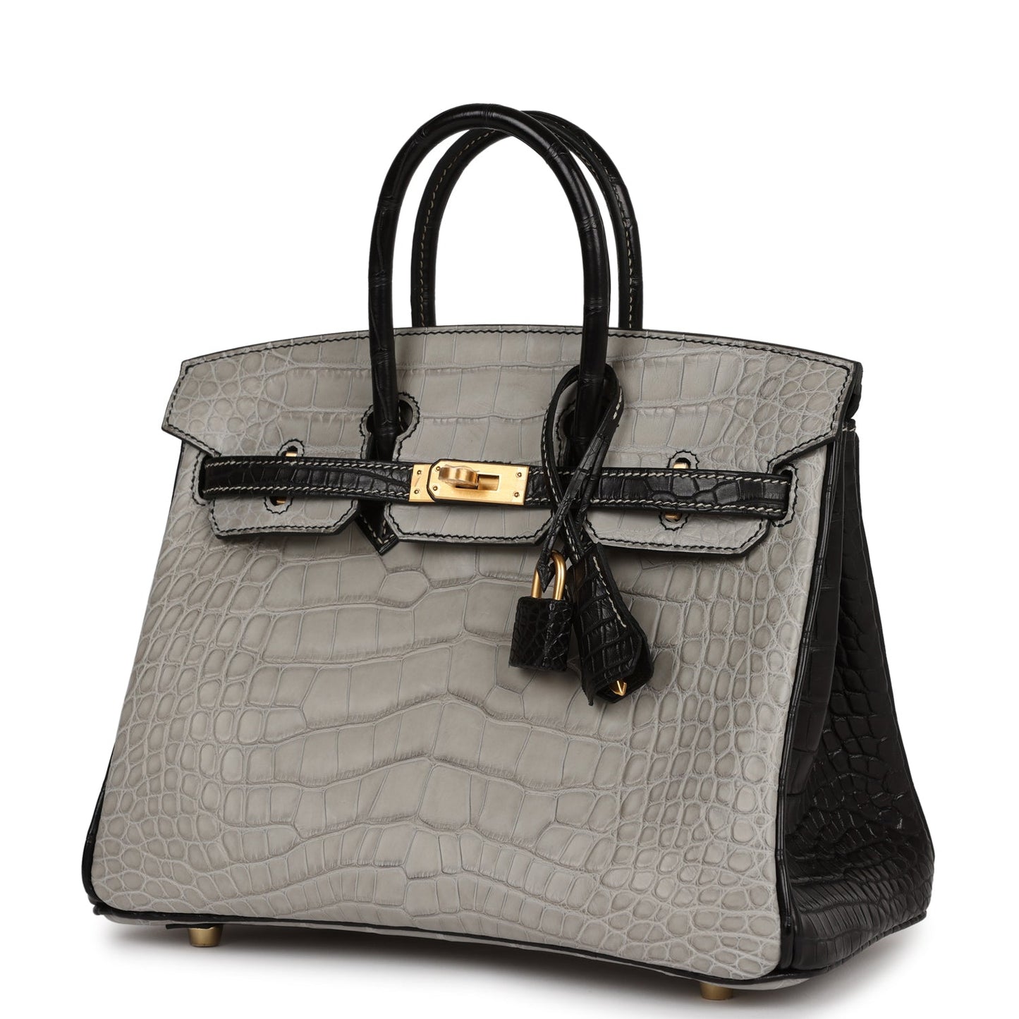Hermes Special Order (HSS) Birkin 25 Gris Perle and Black Matte Alligator Mississippienis Brushed Gold Hardware