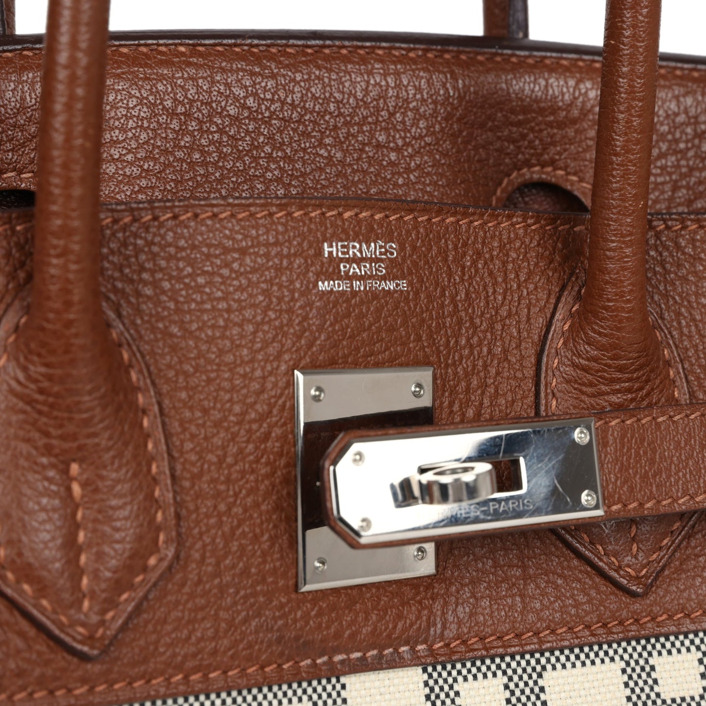 Hermes Birkin 30 Marron D'Inde Buffalo and Mosaique Canvas Palladium Hardware