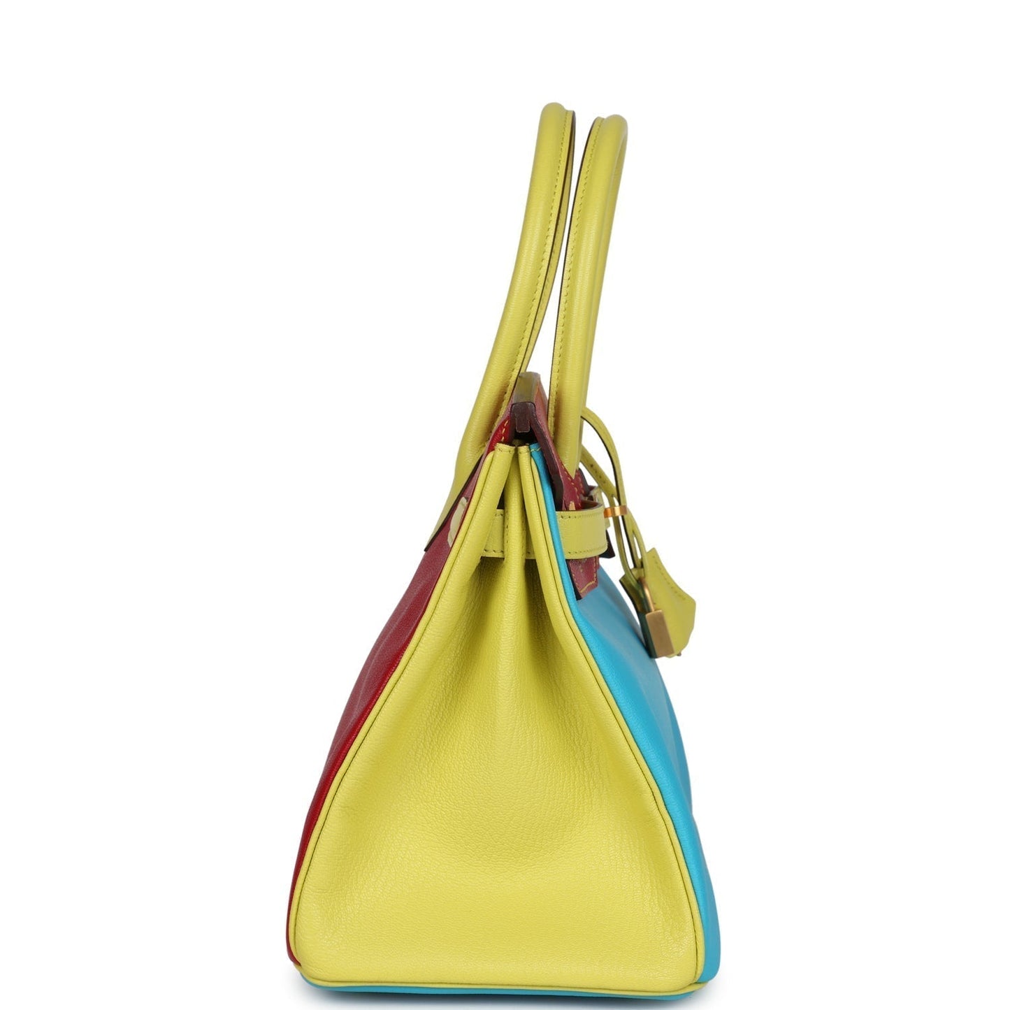 Hermes Special Order (HSS) Tri-color Birkin 30 Bleu Aztec, Soufre and Rouge Vif Chevre Brushed Gold Hardware