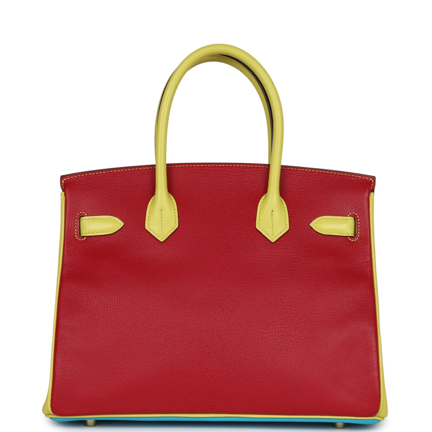Hermes Special Order (HSS) Tri-color Birkin 30 Bleu Aztec, Soufre and Rouge Vif Chevre Brushed Gold Hardware