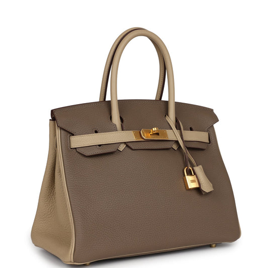 Hermes Special Order (HSS) Birkin 30 Bi-Color Gris Tourterelle and Etoupe Clemence Brushed Gold Hardware