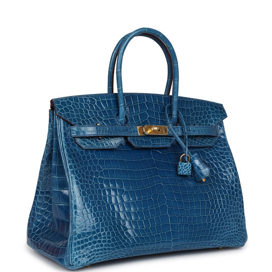 Hermes Birkin 35 Bleu Mykonos Shiny Porosus Crocodile Gold Hardware