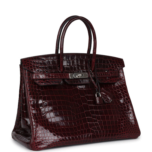 Hermes Birkin 35 Bordeaux Shiny Porosus Crocodile Palladium Hardware