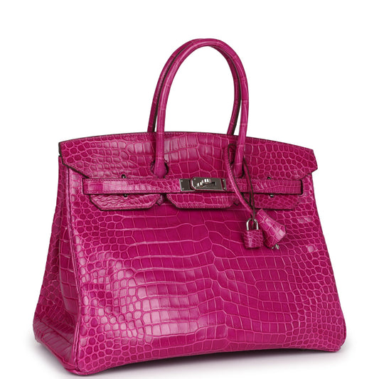 Hermes Birkin 35 Rose Sheherazade Shiny Porosus Crocodile Palladium Hardware