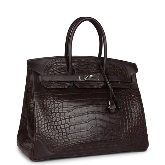 Hermes Ghillies Birkin 35 Ebene Matte Alligator and Swift Palladium Hardware