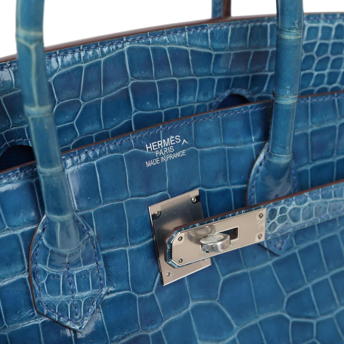 Hermes Birkin 35 Bleu Mykonos Shiny Porosus Crocodile Palladium Hardware