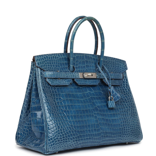 Hermes Birkin 35 Bleu Mykonos Shiny Porosus Crocodile Palladium Hardware