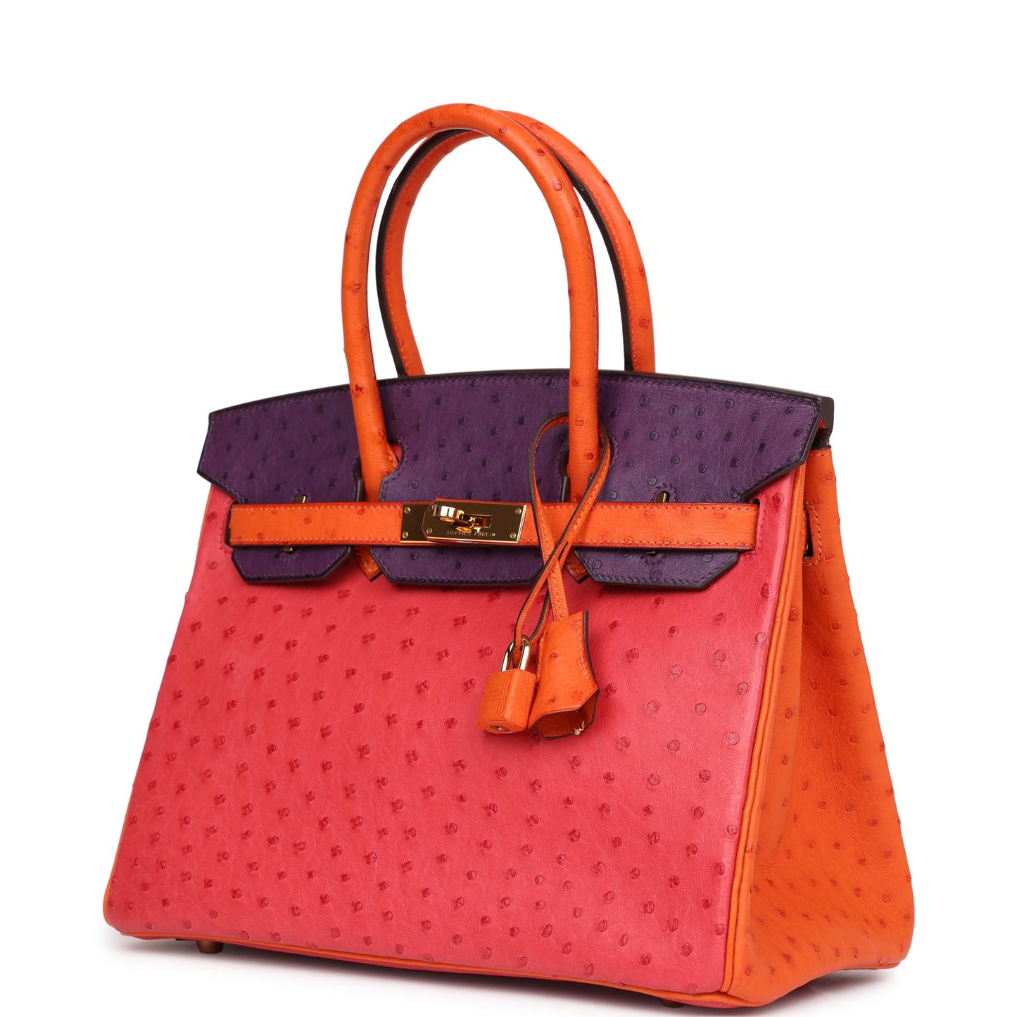 Hermes Special Order (HSS) Birkin 30 Tangerine, Violet and Bougainvillea Ostrich Gold Hardware