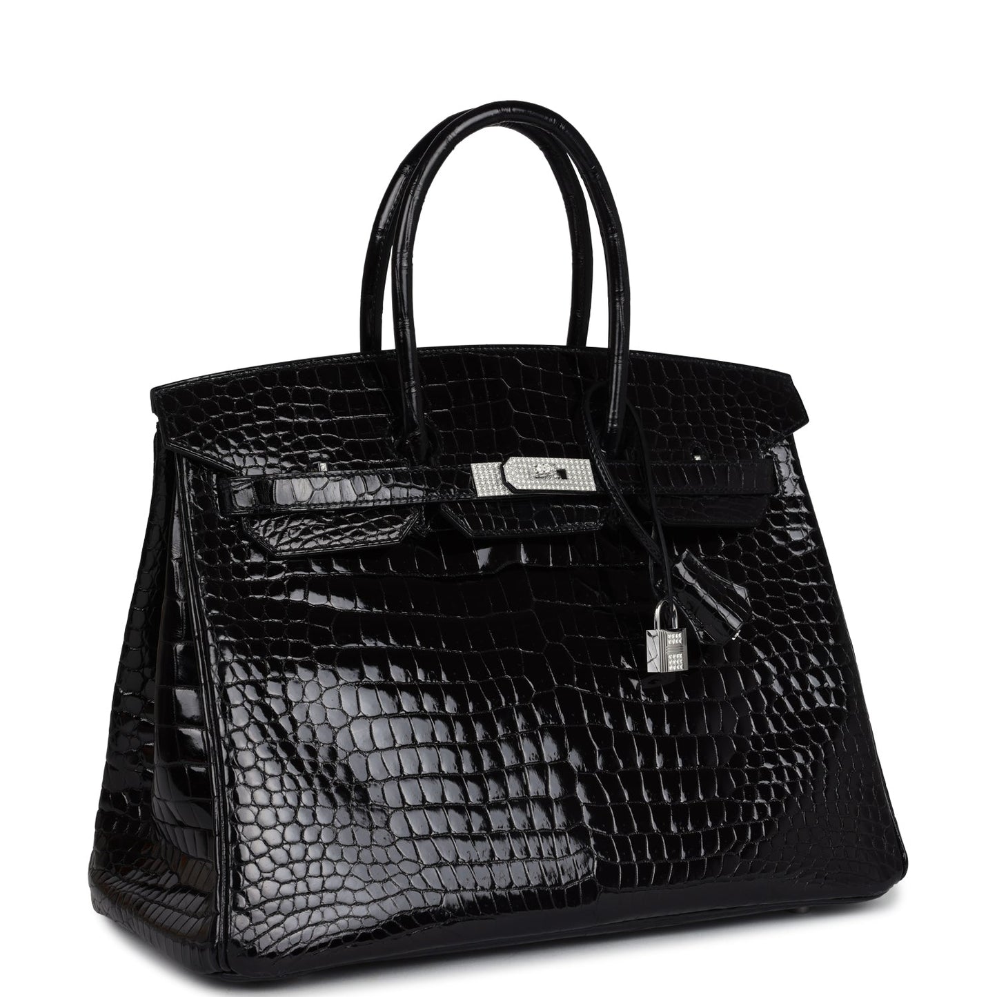 Hermes Birkin 35 Black Shiny Porosus Crocodile 18K White Gold Diamond Hardware