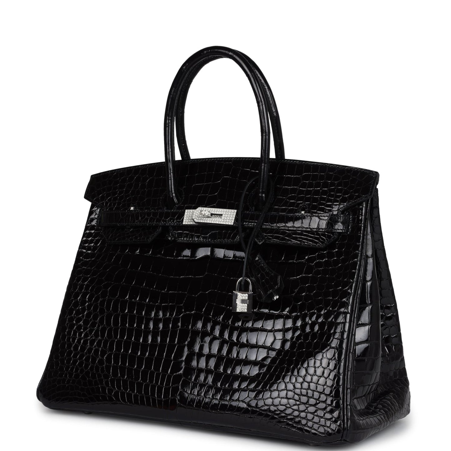 Hermes Birkin 35 Black Shiny Porosus Crocodile 18K White Gold Diamond Hardware