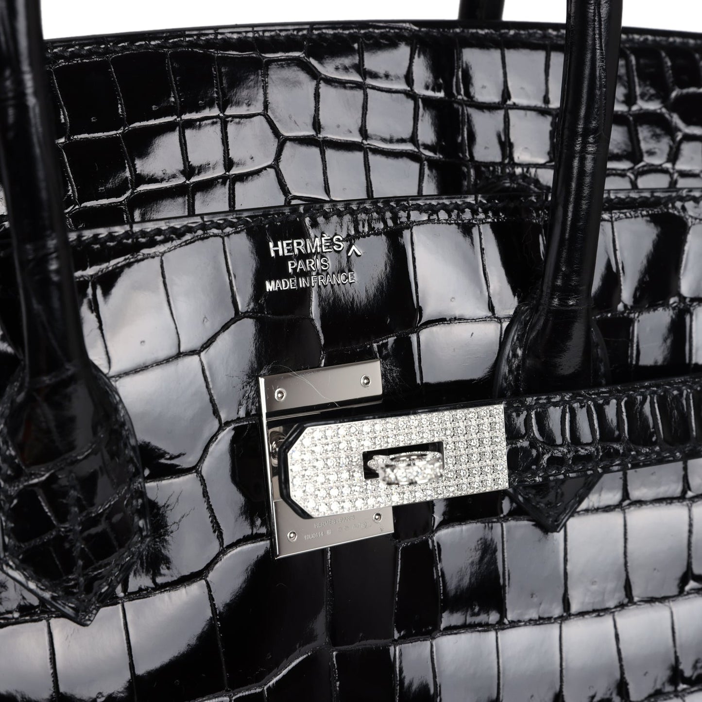 Hermes Birkin 35 Black Shiny Porosus Crocodile 18K White Gold Diamond Hardware