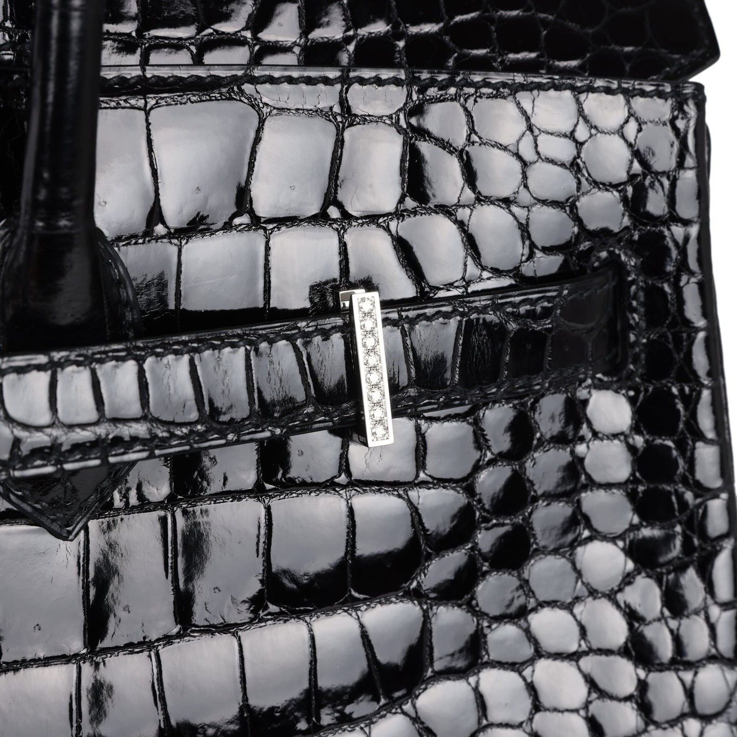 Hermes Birkin 35 Black Shiny Porosus Crocodile 18K White Gold Diamond Hardware
