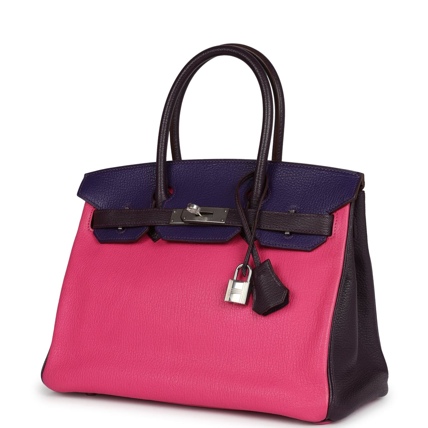 Hermes Special Order (HSS) Birkin 30 Tri-color Raisin, Ultraviolet and Rose Shocking Chevre Palladium Hardware