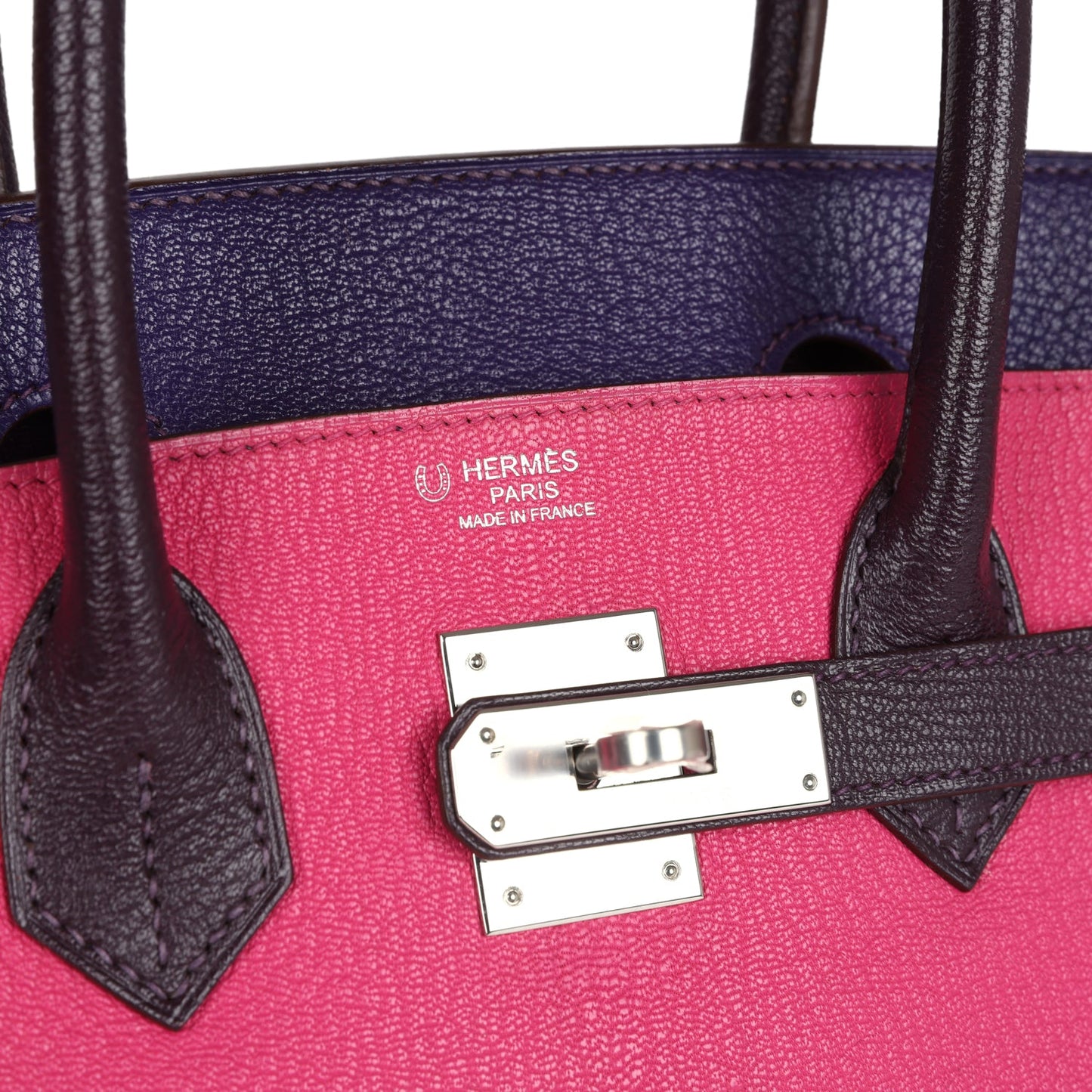 Hermes Special Order (HSS) Birkin 30 Tri-color Raisin, Ultraviolet and Rose Shocking Chevre Palladium Hardware