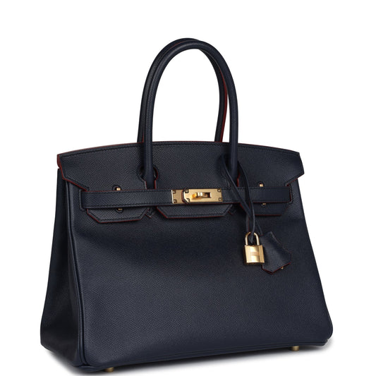 Hermes Birkin 30 Bleu Indigo and Rouge H Contour Epsom Gold Hardware